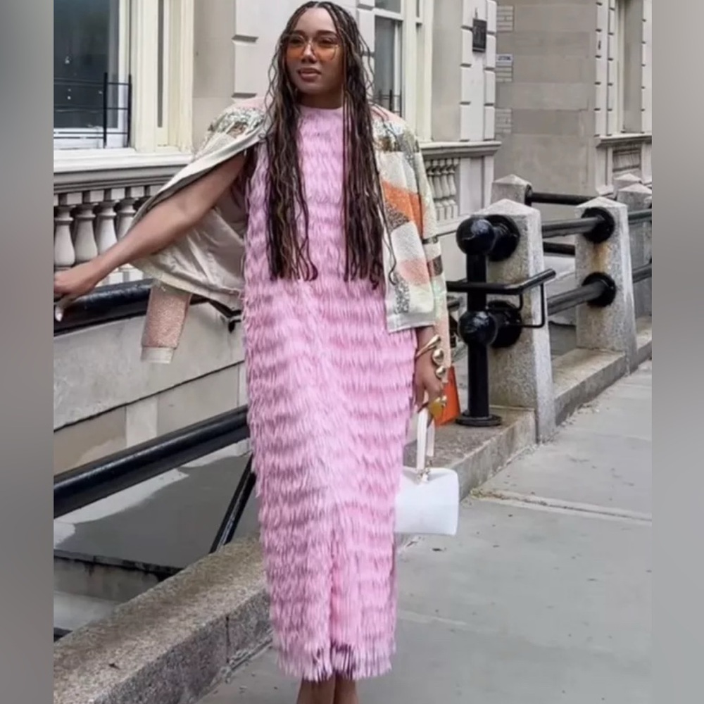 ZARA WOMAN NWT SS24 PINK MIDI DRESS WITH FRINGE